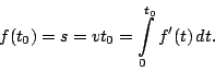 \begin{equation*}f(t_0)=s=vt_0=\int_0^{t_0}f'(t)\,dt.\end{equation*}