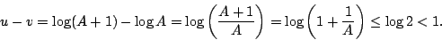 \begin{displaymath}u-v=\log(A+1)-\log A=\log\left(\frac{A+1}{A}
\right)=\log\left(1+\frac{1}{A}\right)\le \log 2<1.\end{displaymath}