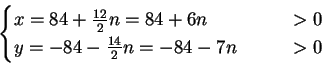 \begin{displaymath}
\begin{cases}
x=84+\frac{12}{2}n=84+6n\qquad &>0\\
y=-84-\frac{14}{2}n=-84-7n\qquad &>0
\end{cases}\end{displaymath}