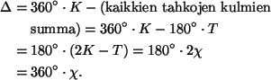 \begin{align*}
\Delta &= 360^\circ \cdot K - (\text{kaikkien tahkojen kulmien}\\...
... \cdot (2K-T)
= 180^\circ \cdot 2\chi\\
&= 360^\circ \cdot \chi.
\end{align*}