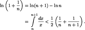 \begin{align*}
\ln\left(1+\frac{1}{n}\right)&=\ln(n+1)-\ln n\\
&=\int_n^{n+1}\frac{dx}{x}<\frac{1}{2}\left(\frac{1}{n}+
\frac{1}{n+1}\right).
\end{align*}