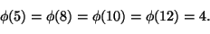 \begin{displaymath}
\phi(5)=\phi(8)=\phi(10)=\phi(12)=4.
\end{displaymath}