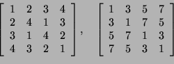 \begin{displaymath}
\left[
\begin{array}{cccc}
1& 2& 3& 4\\
2& 4& 1& 3\\
3& 1&...
...7\\
3& 1& 7& 5\\
5& 7& 1& 3\\
7& 5& 3& 1
\end{array}\right]
\end{displaymath}